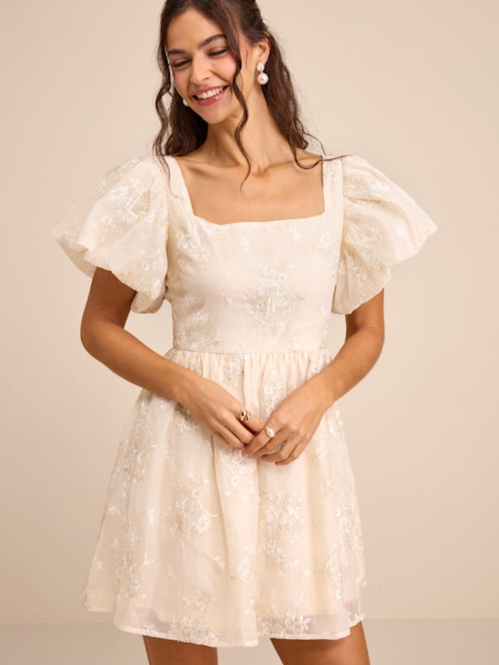 Lulus Cathaysa Cream Embroidered Puff Sleeve Bow Mini Dress White - Size L